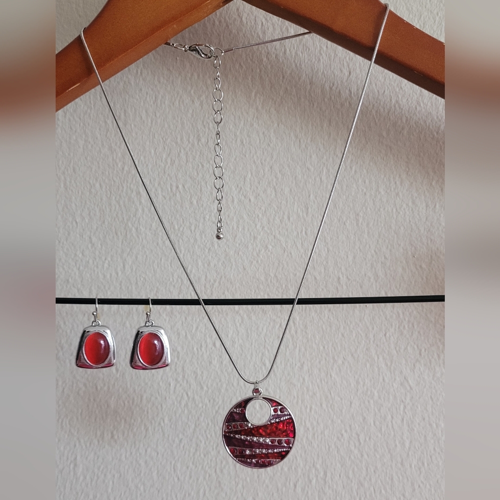 Red and silver pendant necklace and dangle earrings set